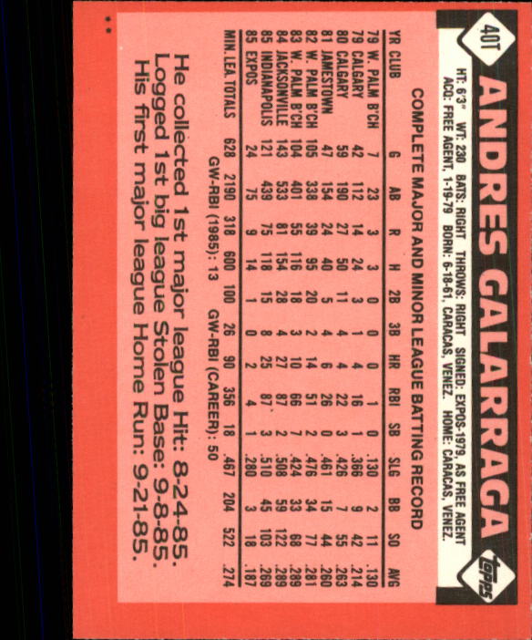1986 Topps Traded #40T Andres Galarraga XRC back image