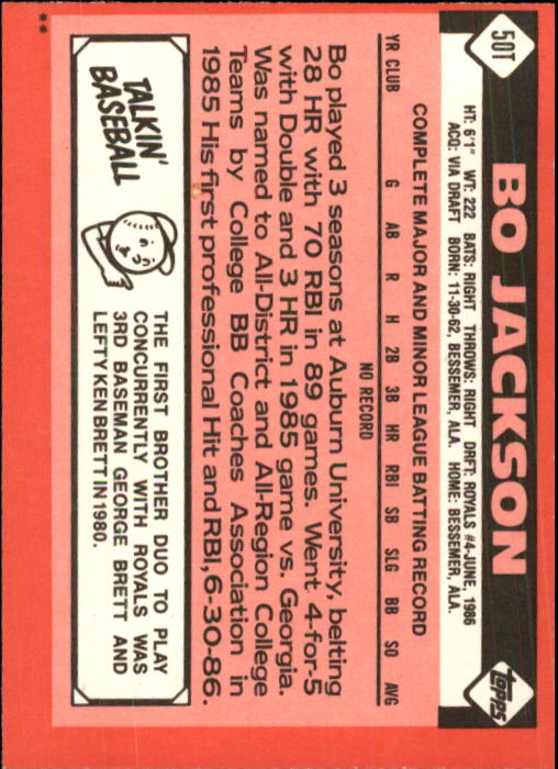 1986 Topps Traded #50T Bo Jackson XRC back image