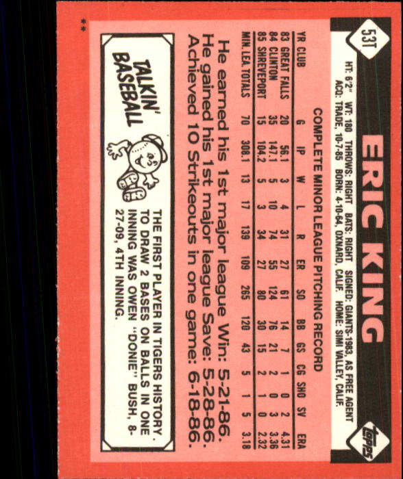 1986 Topps Traded #53T Eric King back image