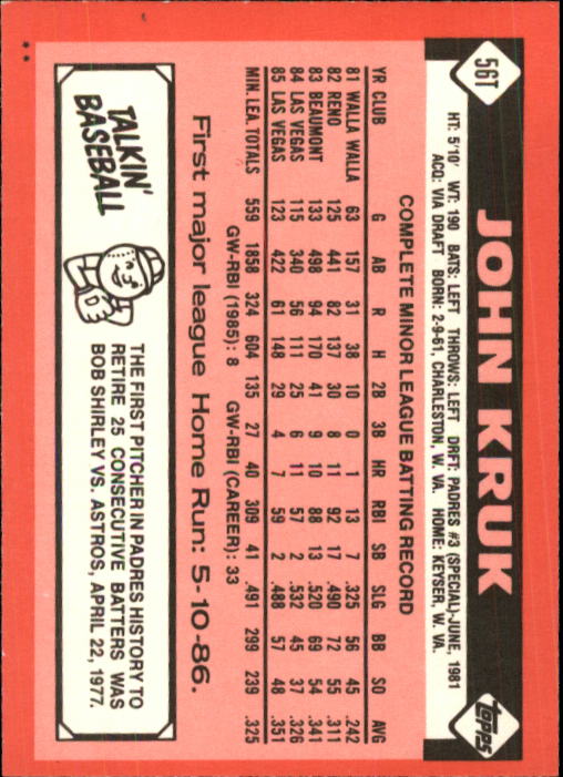 1986 Topps Traded #56T John Kruk XRC back image