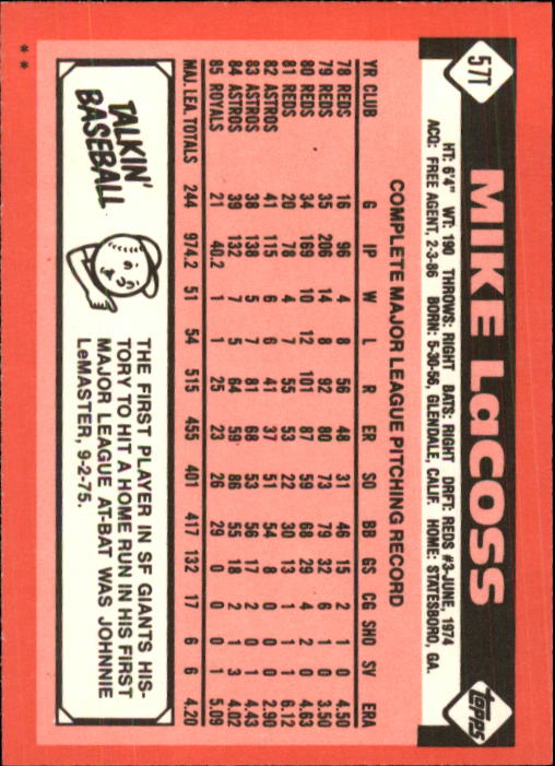 1986 Topps Traded #57T Mike LaCoss back image