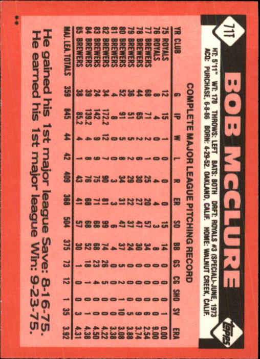 1986 Topps Traded #71T Bob McClure back image