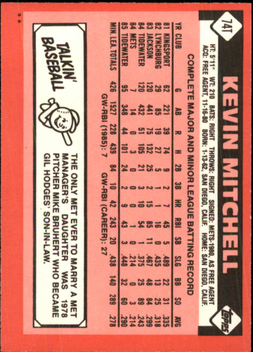 1986 Topps Traded #74T Kevin Mitchell XRC back image