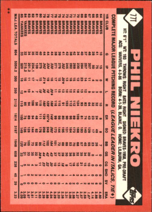 1986 Topps Traded #77T Phil Niekro back image