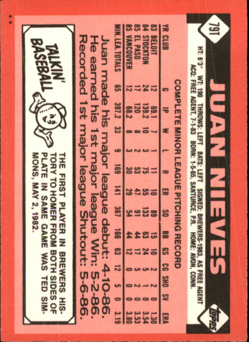 1986 Topps Traded #79T Juan Nieves back image