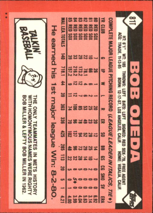 1986 Topps Traded #81T Bob Ojeda back image