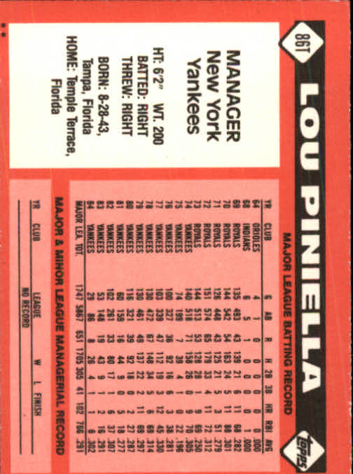 1986 Topps Traded #86T Lou Piniella MG back image