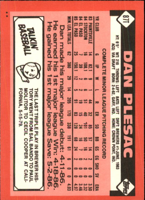 1986 Topps Traded #87T Dan Plesac back image