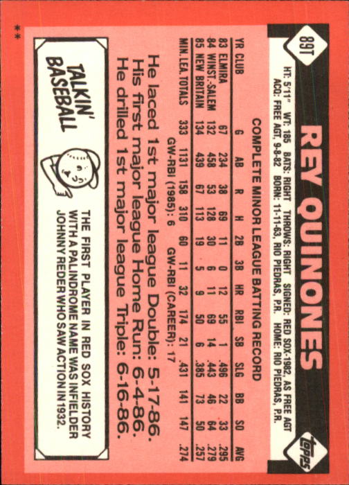 1986 Topps Traded #89T Rey Quinones back image