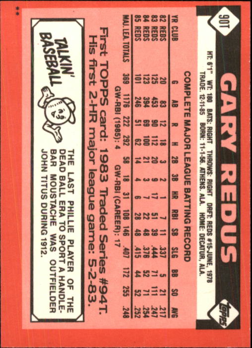 1986 Topps Traded #90T Gary Redus back image