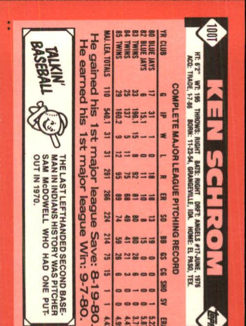 1986 Topps Traded #100T Ken Schrom back image
