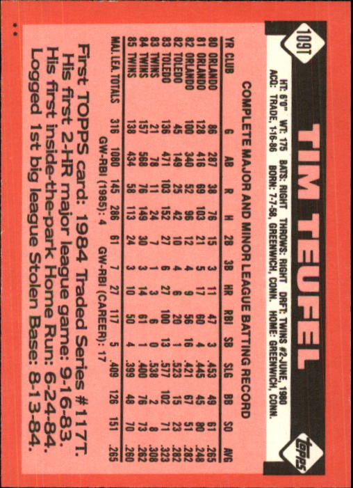 1986 Topps Traded #109T Tim Teufel back image