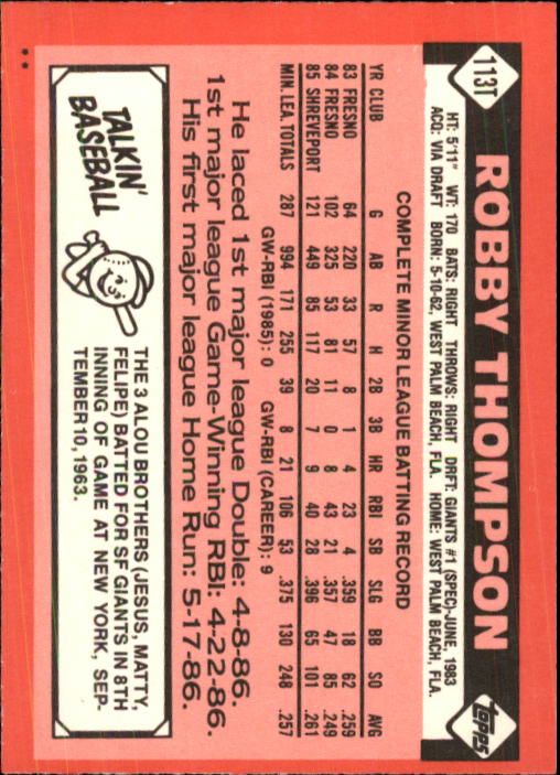 1986 Topps Traded #113T Robby Thompson XRC back image