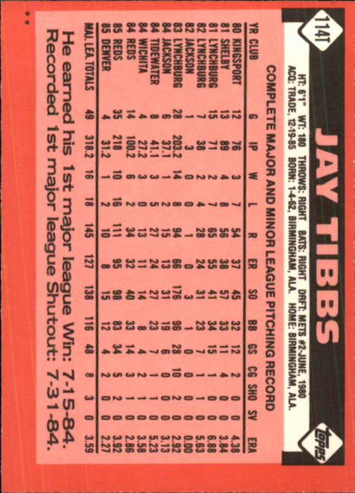 1986 Topps Traded #114T Jay Tibbs back image