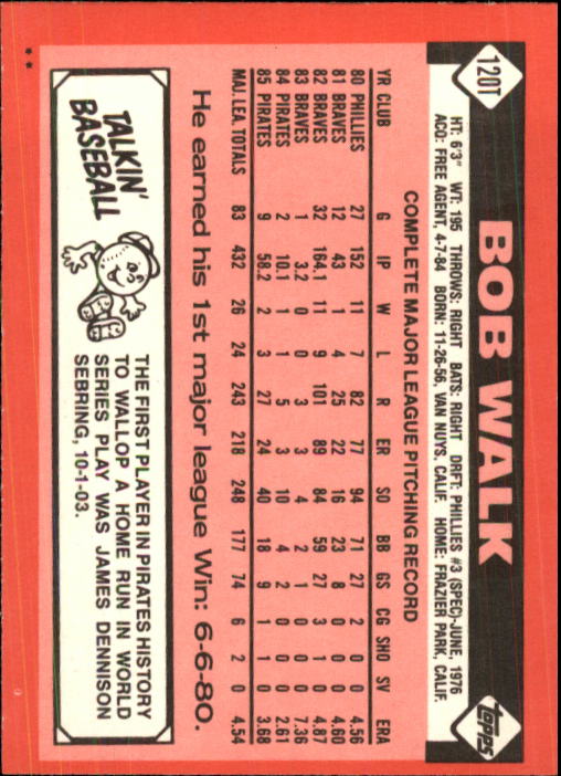 1986 Topps Traded #120T Bob Walk back image