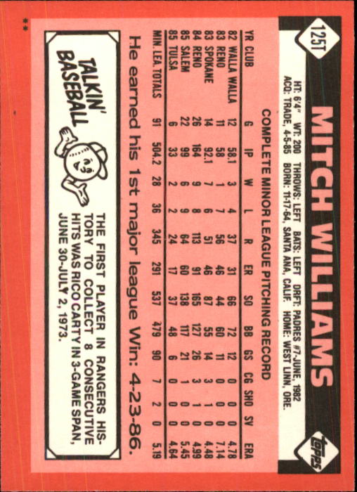 1986 Topps Traded #125T Mitch Williams XRC back image
