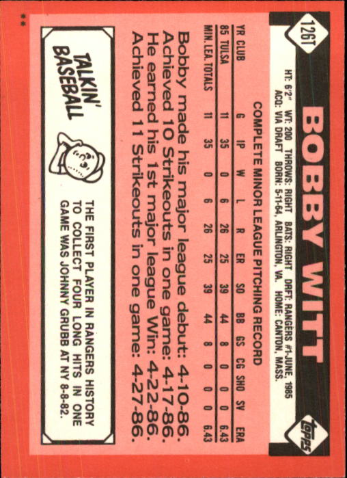 1986 Topps Traded #126T Bobby Witt XRC back image