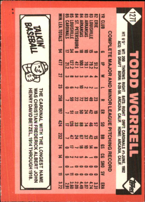 1986 Topps Traded #127T Todd Worrell XRC back image