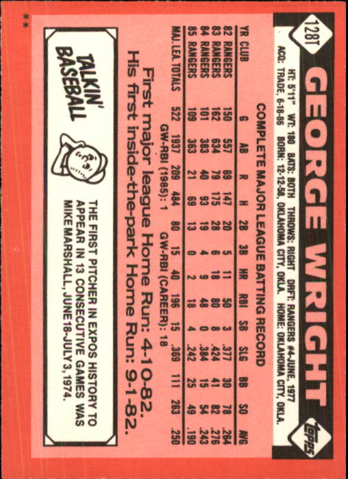 1986 Topps Traded #128T George Wright back image
