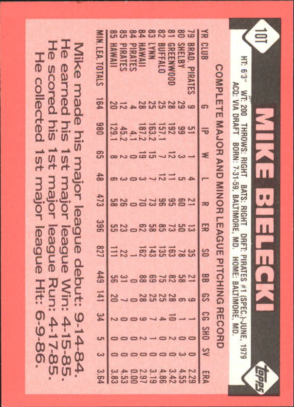 1986 Topps Traded Tiffany #10T Mike Bielecki back image