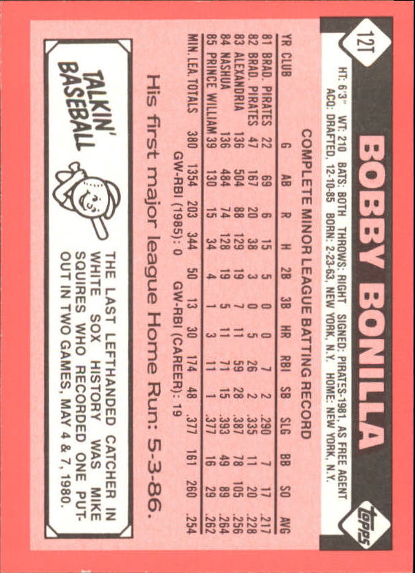 1986 Topps Traded Tiffany #12T Bobby Bonilla back image