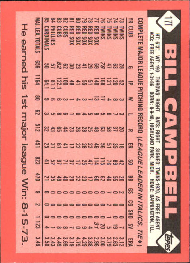 1986 Topps Traded Tiffany #17T Bill Campbell back image