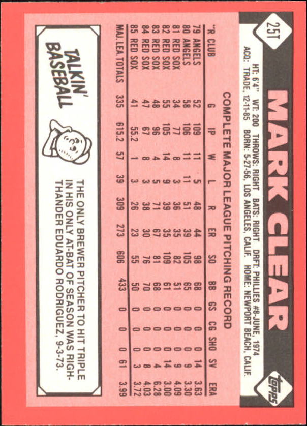1986 Topps Traded Tiffany #25T Mark Clear back image