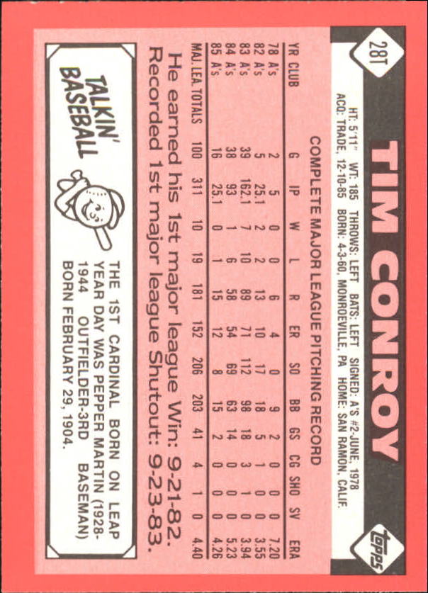 1986 Topps Traded Tiffany #28T Tim Conroy back image