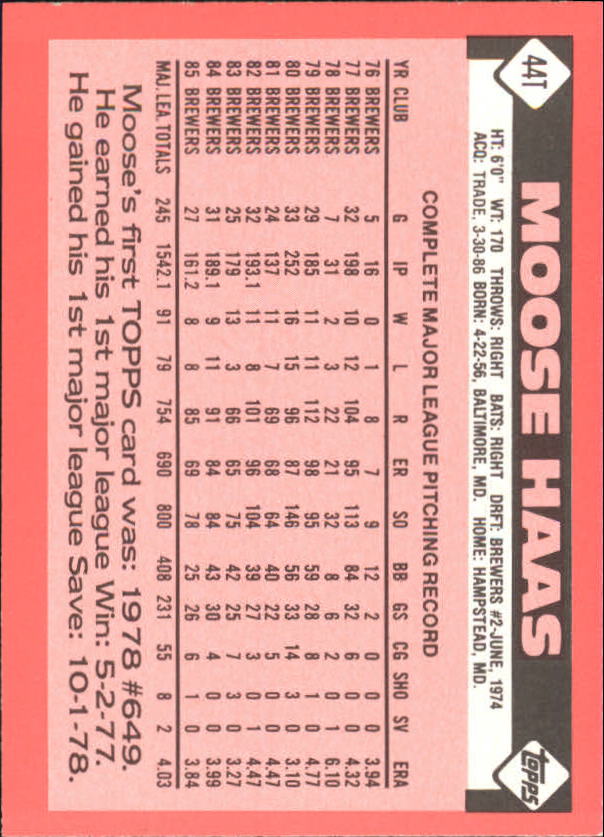1986 Topps Traded Tiffany #44T Moose Haas back image