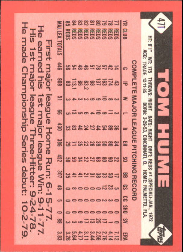 1986 Topps Traded Tiffany #47T Tom Hume back image
