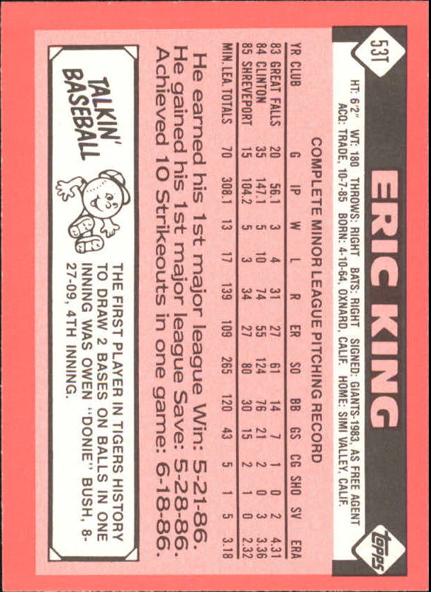 1986 Topps Traded Tiffany #53T Eric King back image