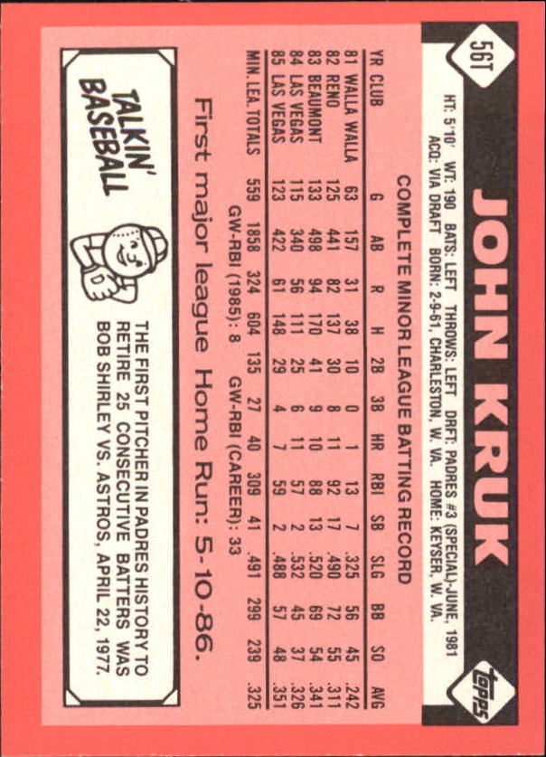 1986 Topps Traded Tiffany #56T John Kruk back image
