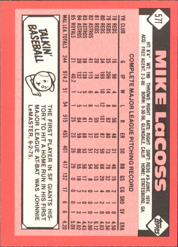 1986 Topps Traded Tiffany #57T Mike LaCoss back image