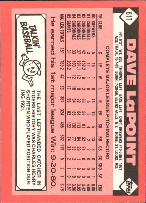 1986 Topps Traded Tiffany #61T Dave LaPoint back image
