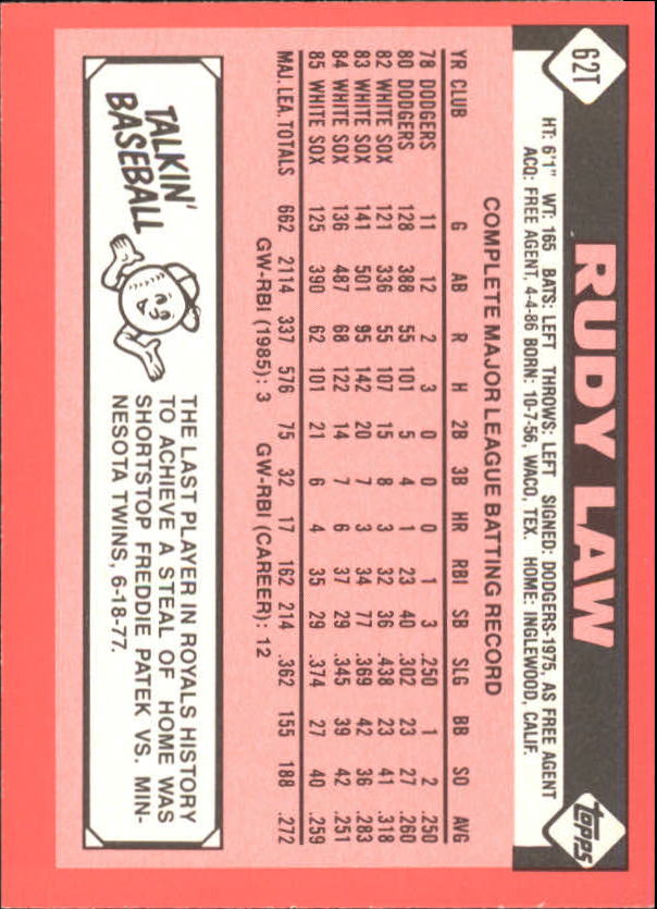 1986 Topps Traded Tiffany #62T Rudy Law back image