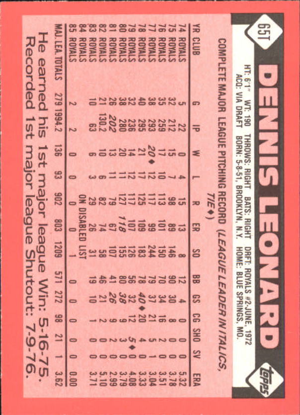 1986 Topps Traded Tiffany #65T Dennis Leonard back image