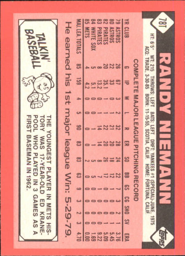1986 Topps Traded Tiffany #78T Randy Niemann back image