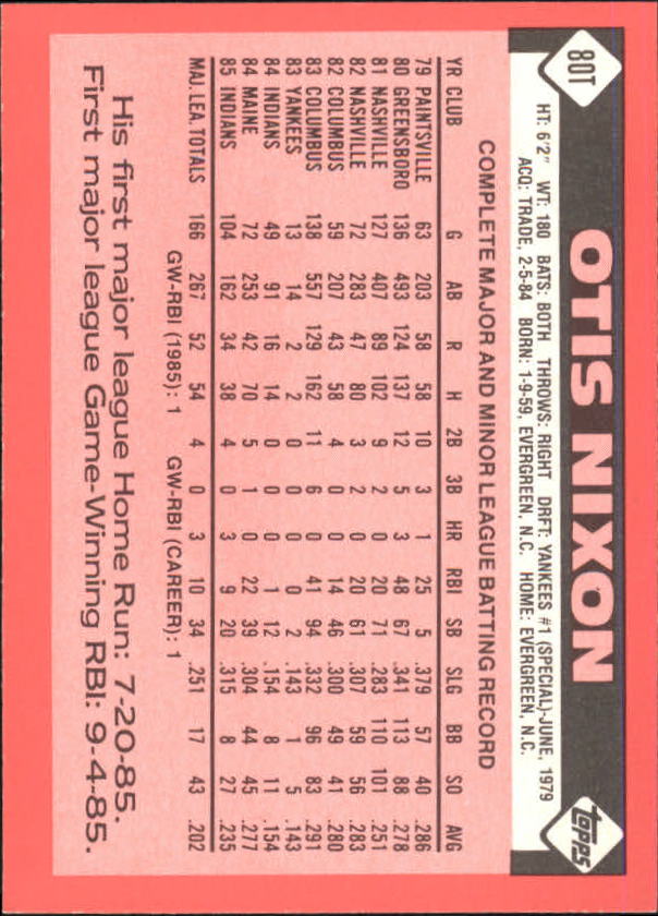 1986 Topps Traded Tiffany #80T Otis Nixon back image