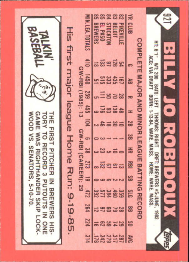 1986 Topps Traded Tiffany #92T Billy Jo Robidoux back image