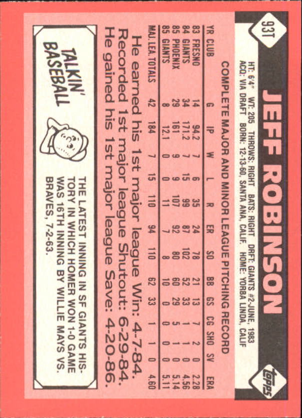 1986 Topps Traded Tiffany #93T Jeff D. Robinson back image