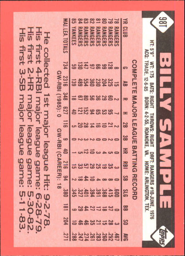 1986 Topps Traded Tiffany #98T Billy Sample back image