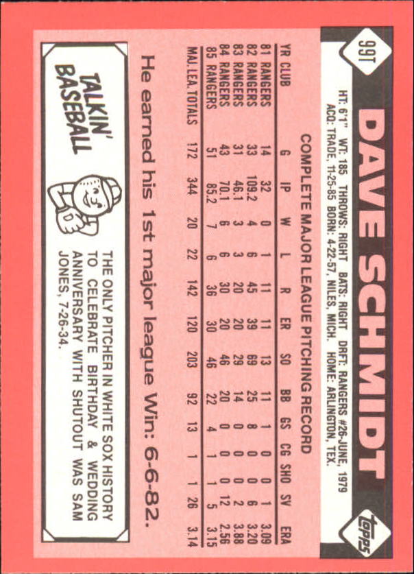 1986 Topps Traded Tiffany #99T Dave Schmidt back image