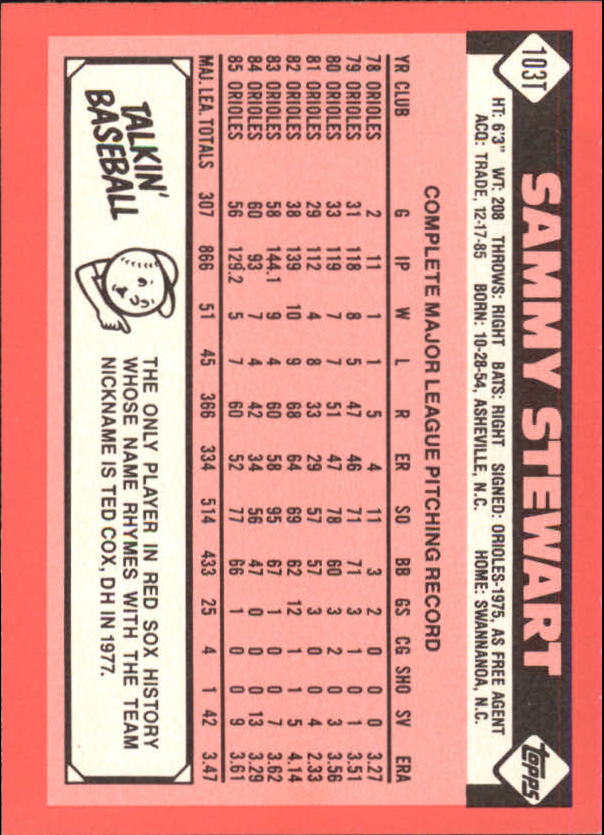 1986 Topps Traded Tiffany #103T Sammy Stewart back image