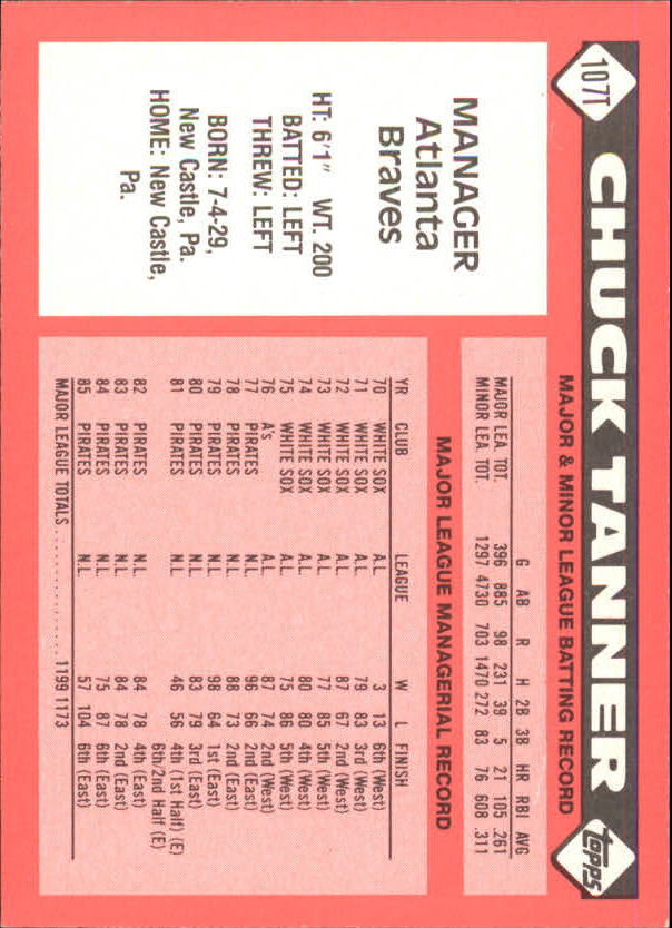 1986 Topps Traded Tiffany #107T Chuck Tanner MG back image