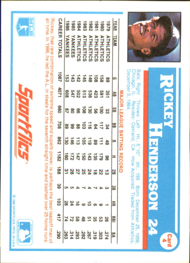 1987 Sportflics #4 Rickey Henderson back image