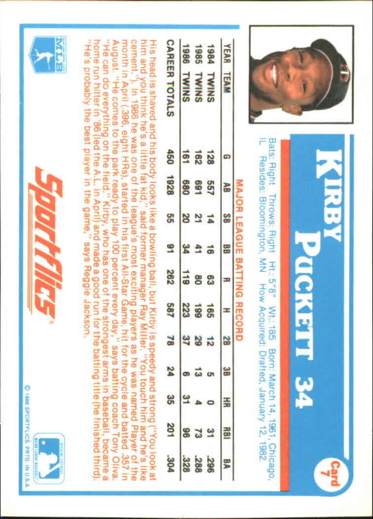 1987 Sportflics #7 Kirby Puckett back image