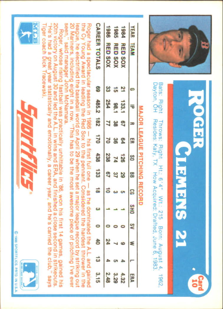 1987 Sportflics #10 Roger Clemens back image
