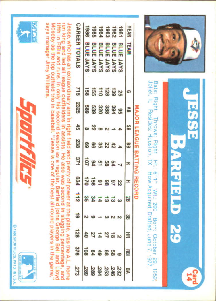 1987 Sportflics #14 Jesse Barfield back image