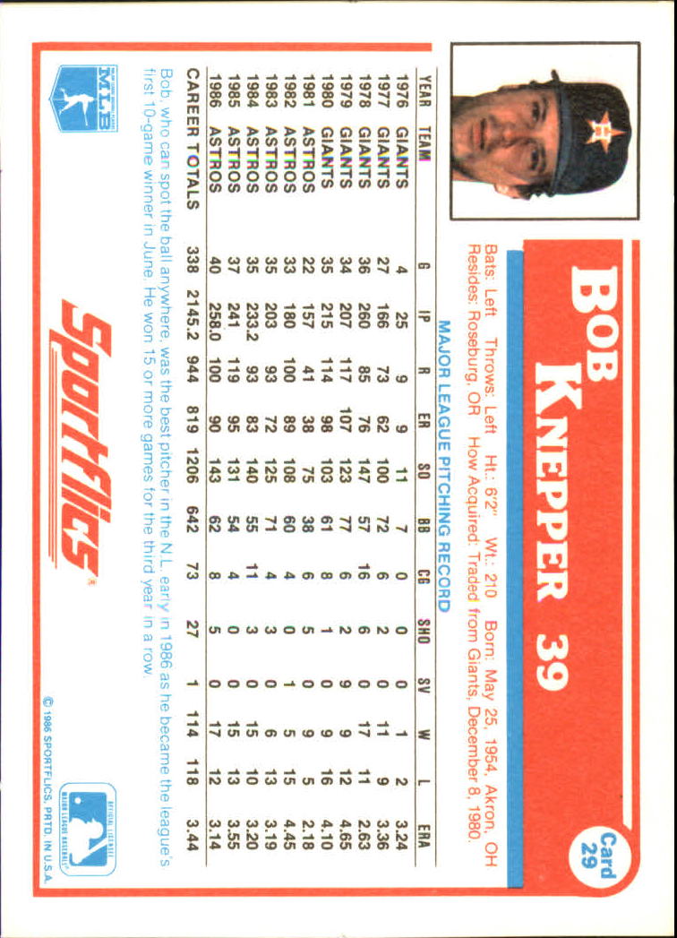 1987 Sportflics #29 Bob Knepper back image