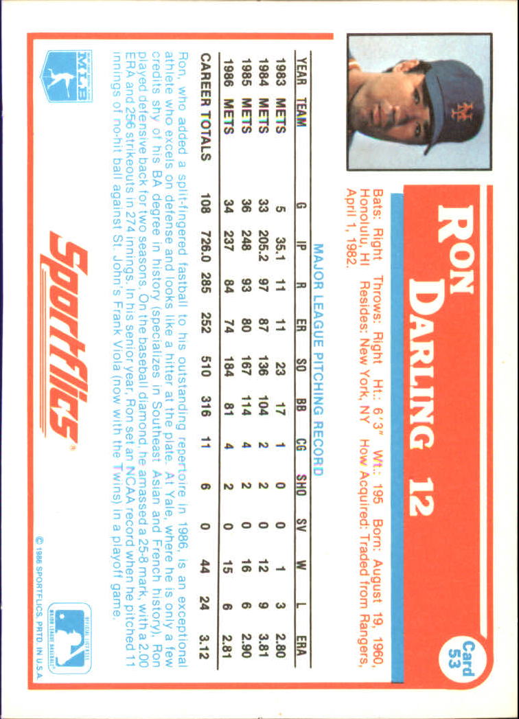 1987 Sportflics #53 Ron Darling back image